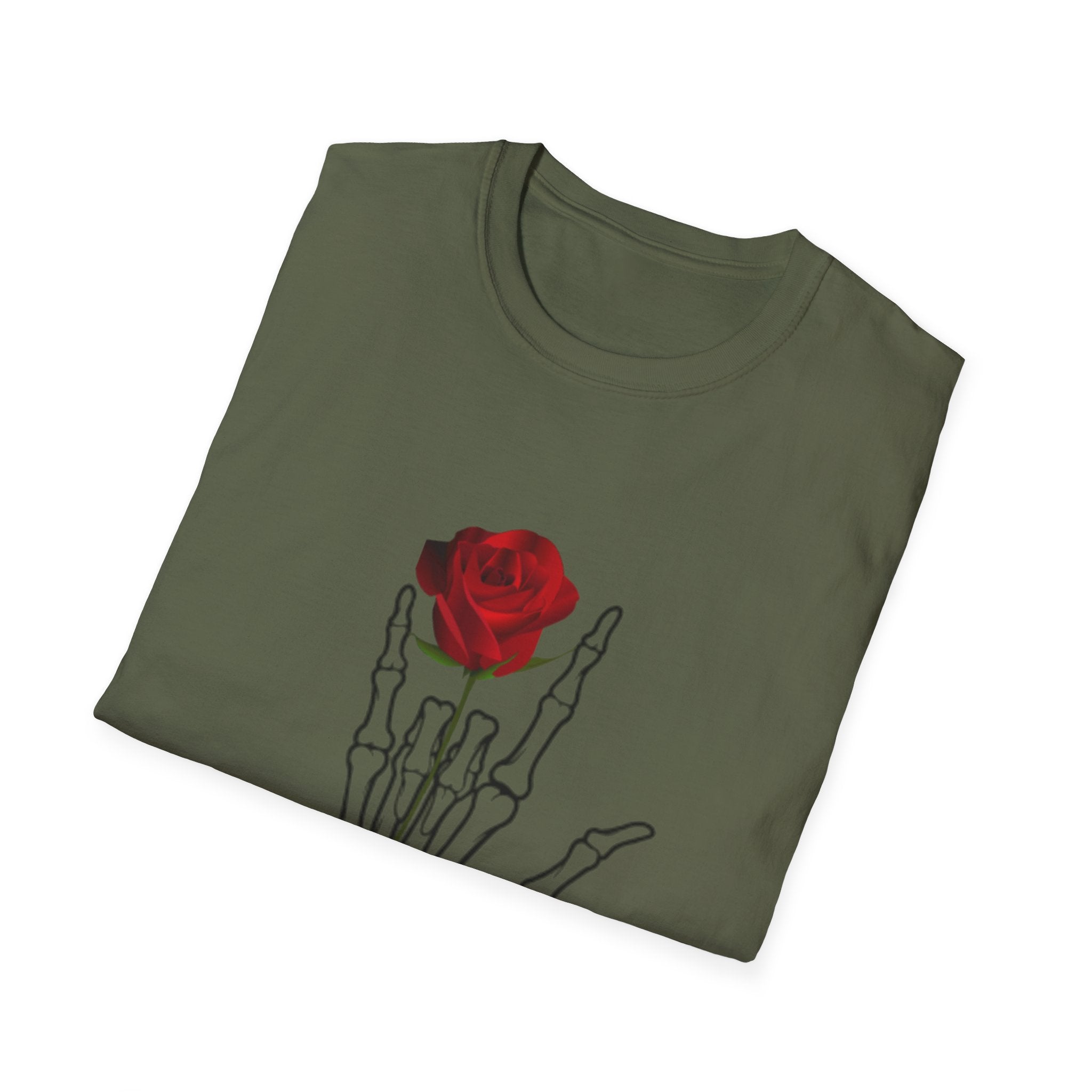 Skeleton Hand & Red Rose T-Shirt — 'One day you'll die. Relax.' Gothic Casual Tee