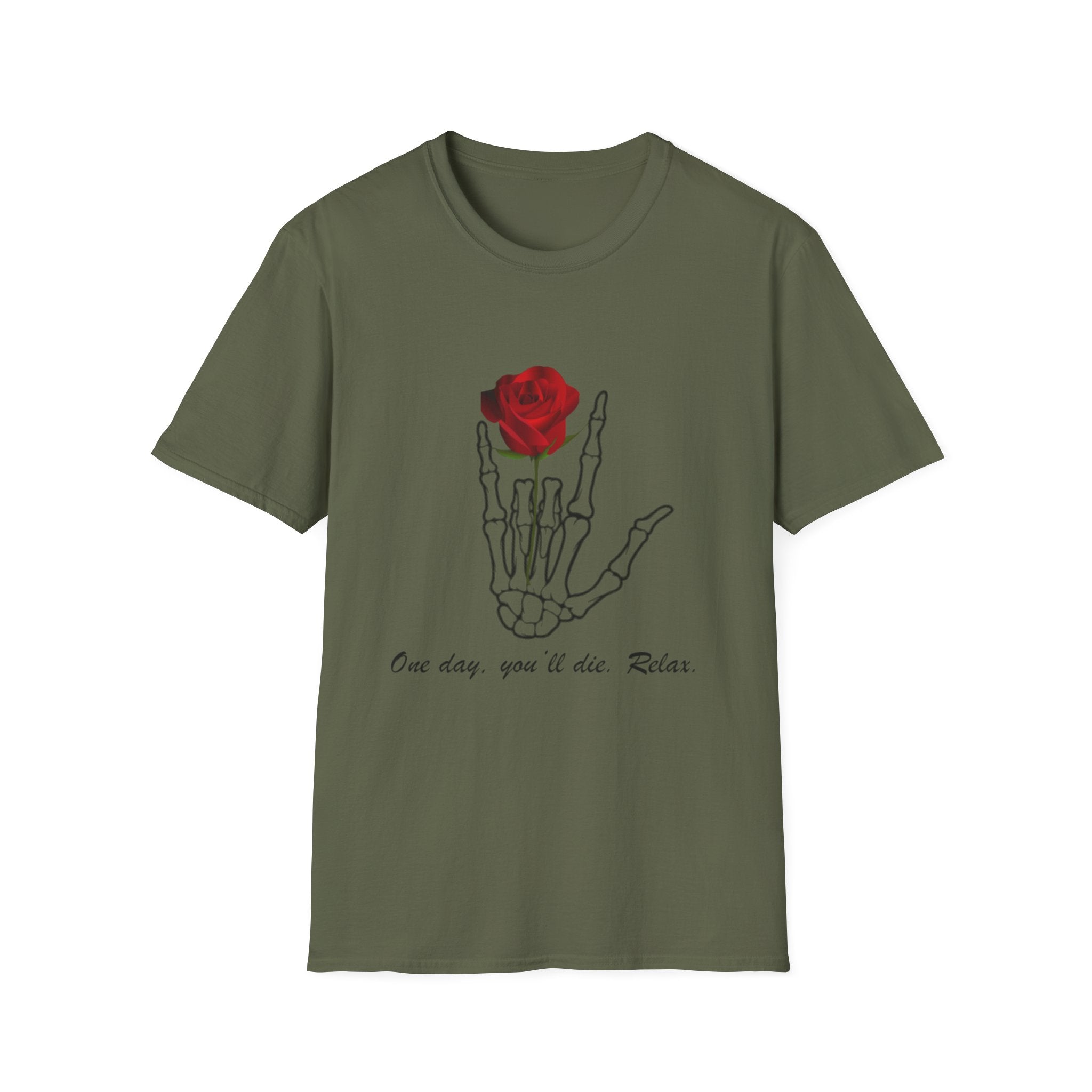 Skeleton Hand & Red Rose T-Shirt — 'One day you'll die. Relax.' Gothic Casual Tee