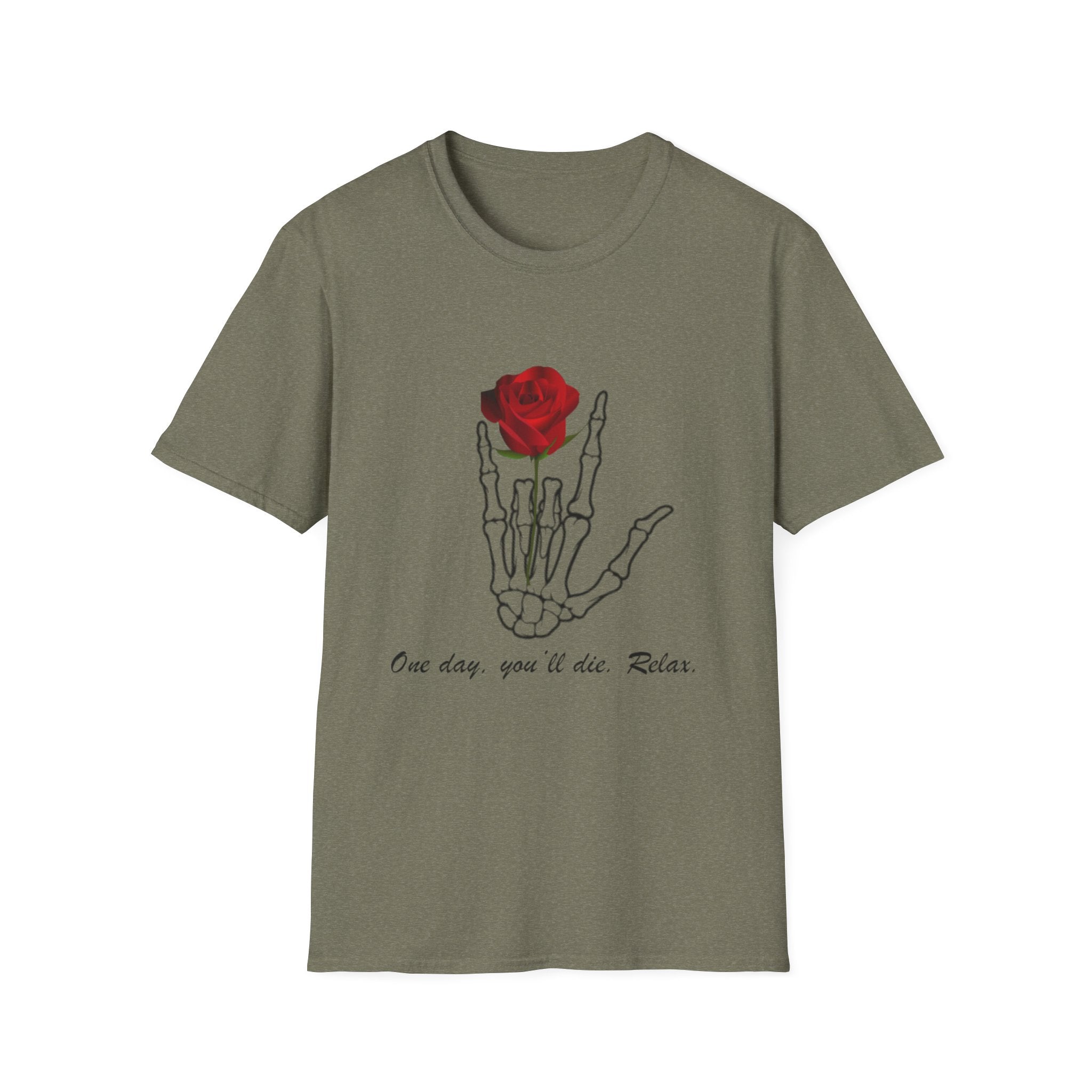 Skeleton Hand & Red Rose T-Shirt — 'One day you'll die. Relax.' Gothic Casual Tee