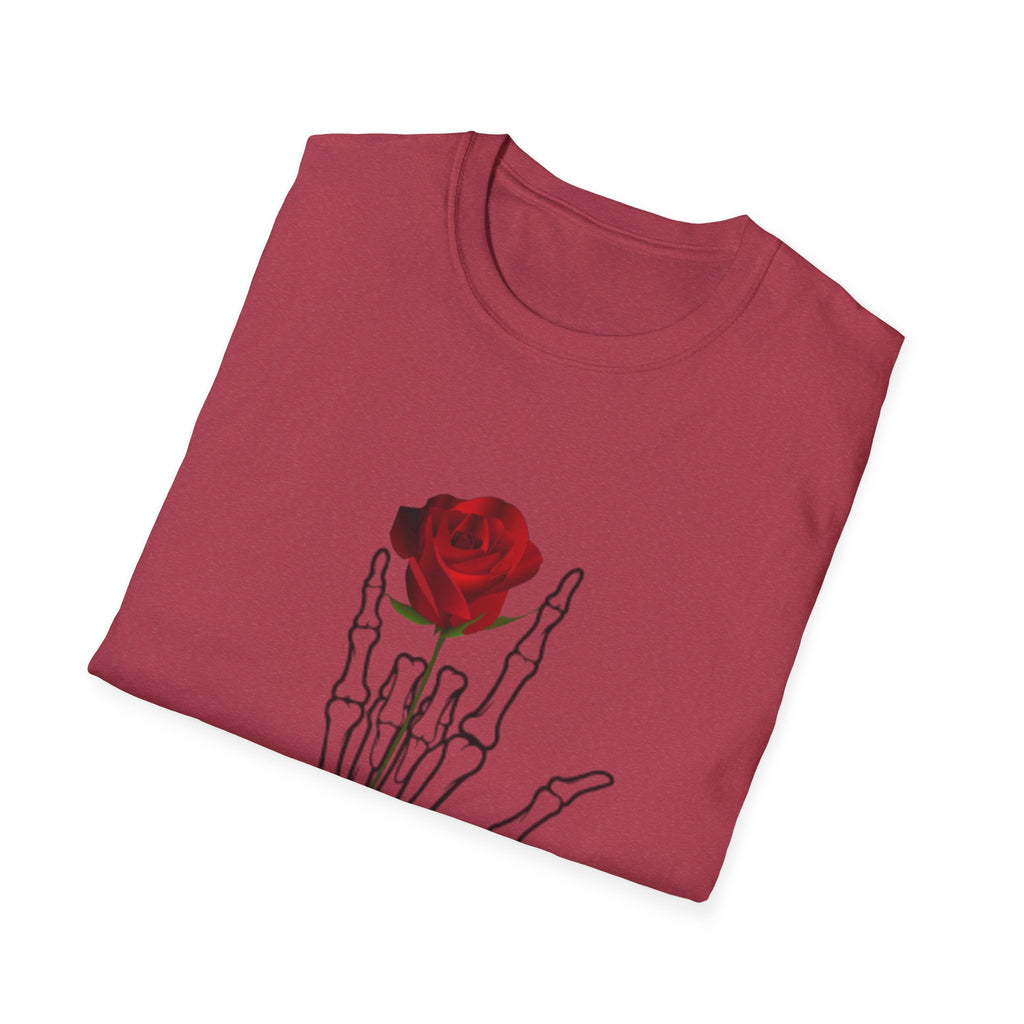 Skeleton Hand & Red Rose T-Shirt — 'One day you'll die. Relax.' Gothic Casual Tee