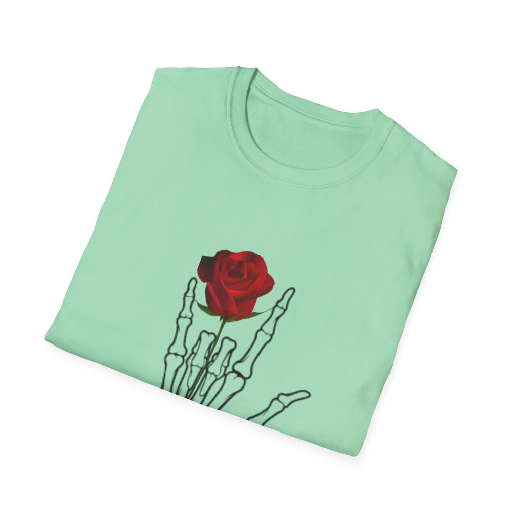 Skeleton Hand & Red Rose T-Shirt — 'One day you'll die. Relax.' Gothic Casual Tee