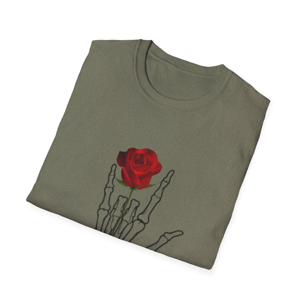 Skeleton Hand & Red Rose T-Shirt — 'One day you'll die. Relax.' Gothic Casual Tee