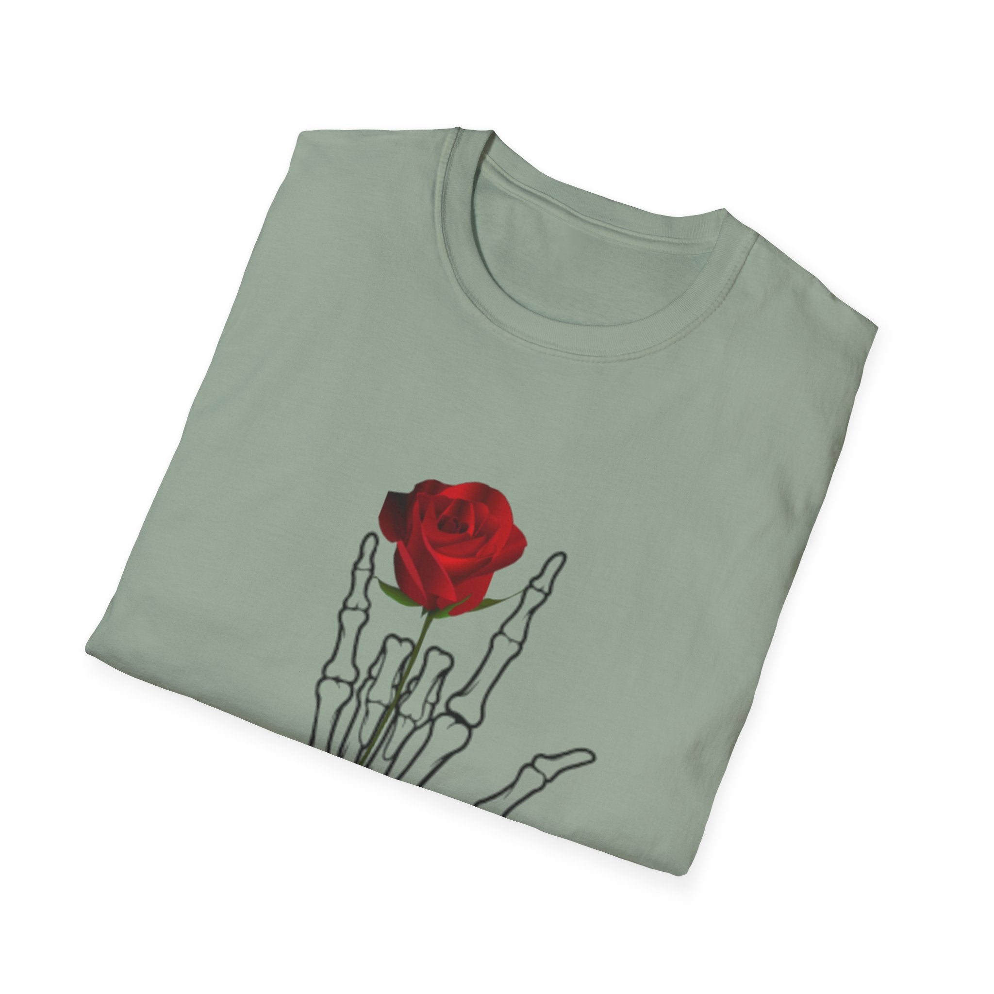 Skeleton Hand & Red Rose T-Shirt — 'One day you'll die. Relax.' Gothic Casual Tee