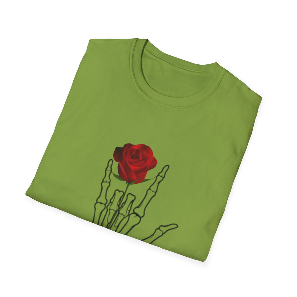 Skeleton Hand & Red Rose T-Shirt — 'One day you'll die. Relax.' Gothic Casual Tee
